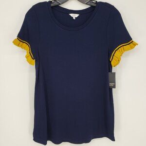 Crown & Ivy Knit Ruffle Trim Tee Shirt Top XS Short Sleeves Navy Blue Yellow NEW